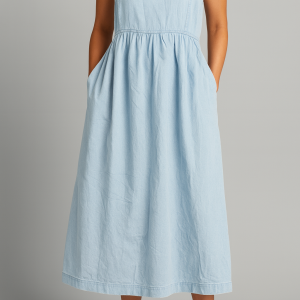 Mid Blue Strappy Denim 100% Cotton Midi Dress